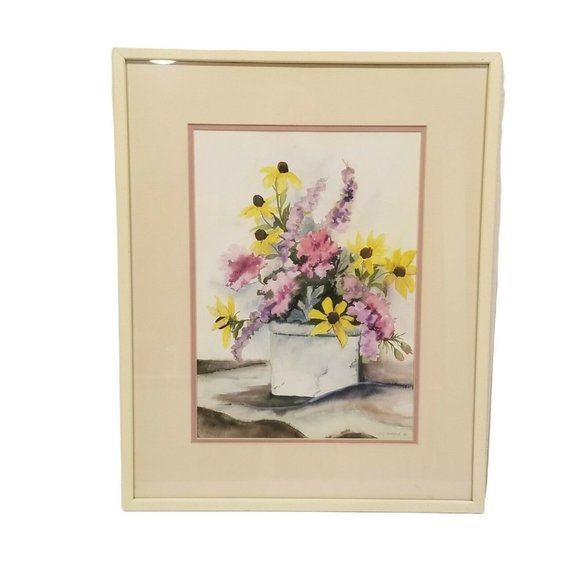 Original Watercolor Painting Flowers Floral Black Eyed Susan Framed & Matted 86